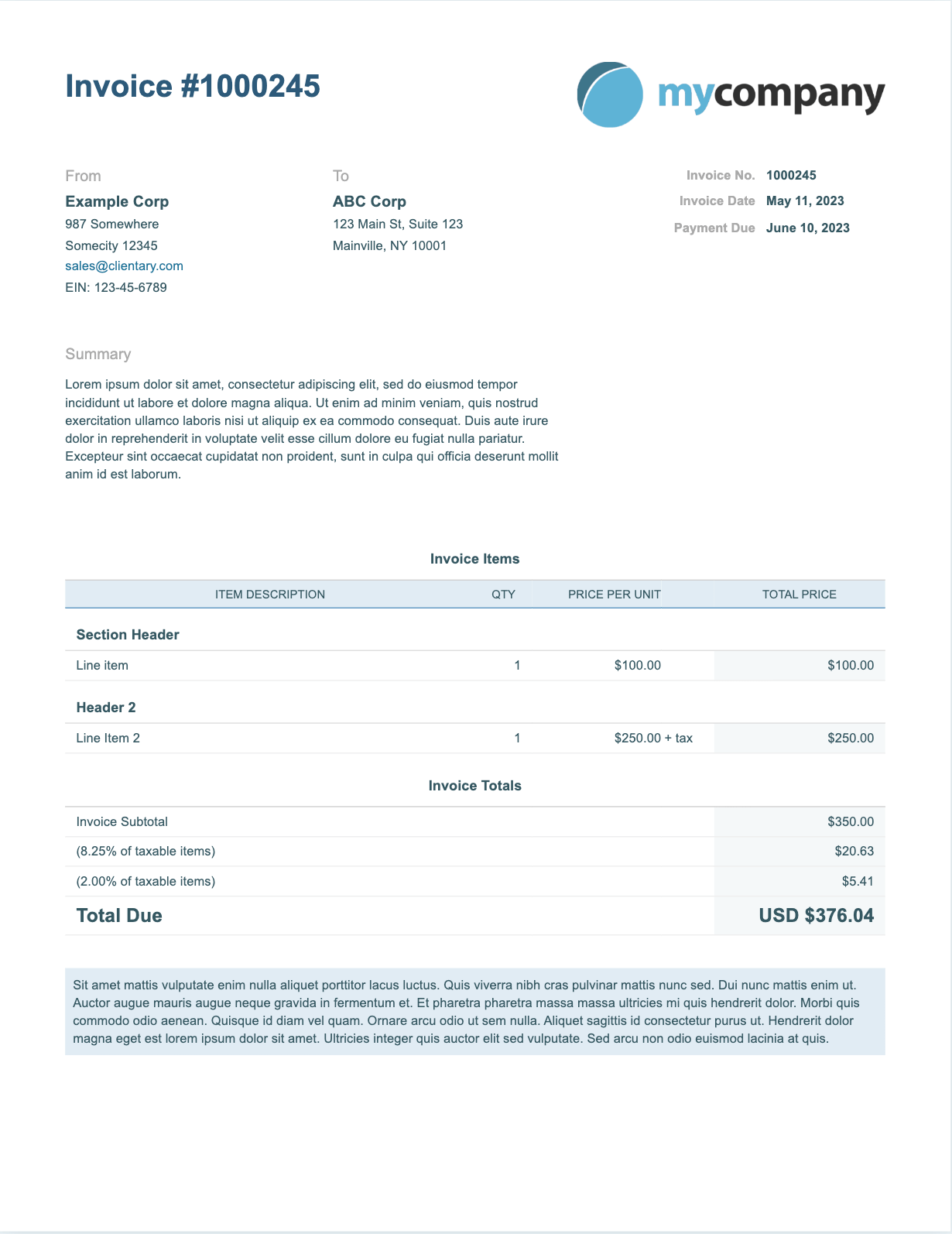 The Spartan theme presents your invoices and estimates with a design that is minimalistic. The design emphasizes efficient use of space and presents information in a condensed format.